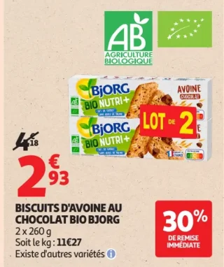 Biscuits d'avoine au chocolat bio Bjorg Bio Nutri+