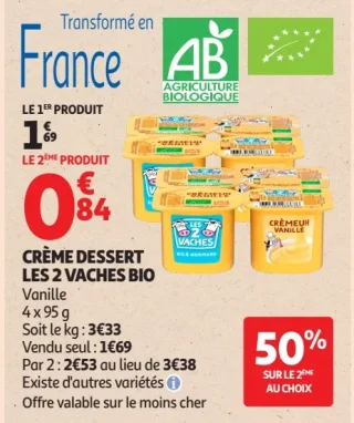 Crème dessert Les 2 Vaches bio Vanille
