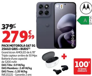 Pack Motorola G67 5G 256Go Gris + Buds