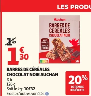Barres de céréales Chocolat Noir Auchan