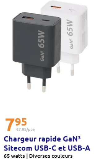 Chargeur rapide GaN³ Sitecom USB-C et USB-A