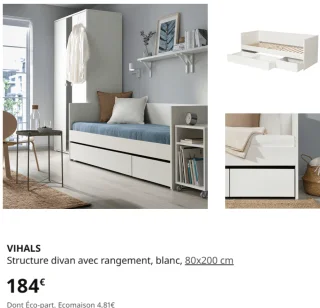 VIHALS Structure divan avec rangement, blanc, 80x200 cm