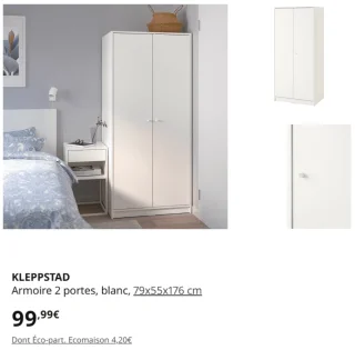 KLEPPSTAD Armoire 2 portes, blanc, 79x55x176 cm