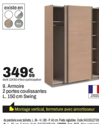 9. Armoire 2 portes coulissantes L. 150 cm Swing