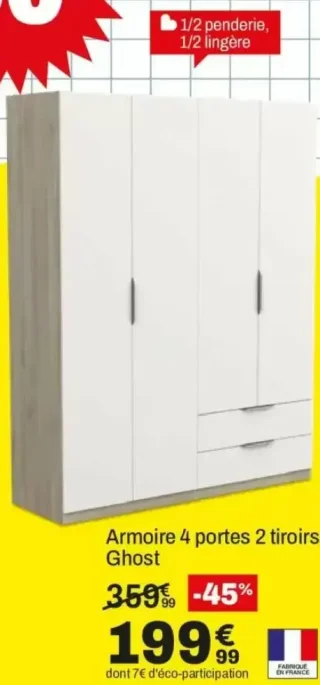 Armoire 4 portes 2 tiroirs Ghost