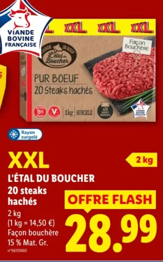 L'étal du Boucher Pur Boeuf 20 Steaks hachés XXL