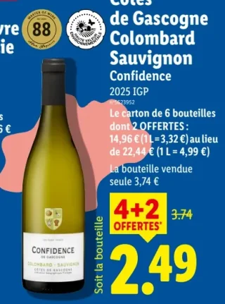 Vin blanc Côtes de Gascogne Colombard Sauvignon Confidence