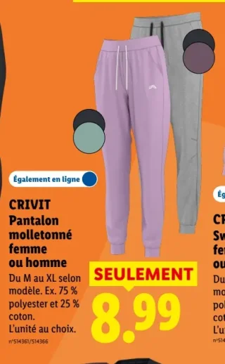 CRIVIT Pantalon molletonné femme ou homme