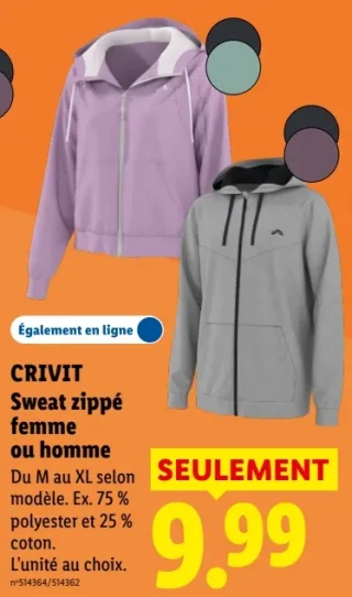 CRIVIT Sweat zippé femme ou homme