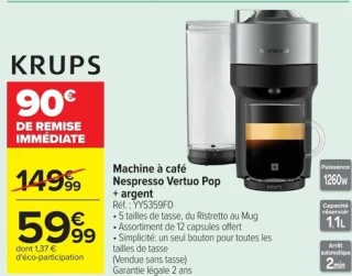 Machine à café Nespresso Vertuo Pop + argent Krups