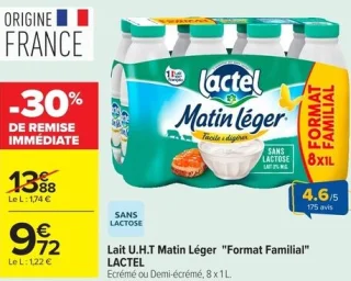 Lait U.H.T Matin Léger "Format Familial" LACTEL