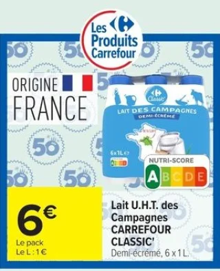 Lait U.H.T. des Campagnes CARREFOUR CLASSIC Demi-écrémé