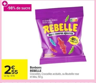 Bonbons REBELLE Crocodiles, Crocodiles acidulés, ou Bouteille rose et bleu