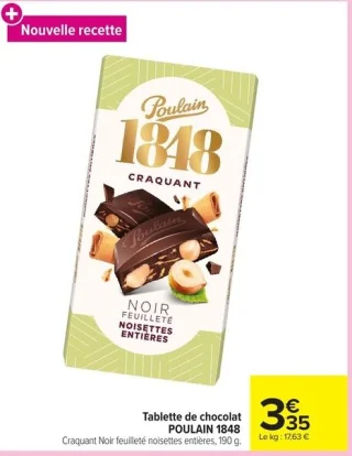Tablette de chocolat POULAIN 1848 Craquant Noir feuilleté noisettes entières