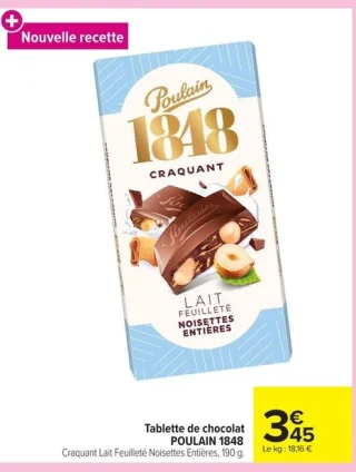 Tablette de chocolat POULAIN 1848 Craquant Lait Feuilleté Noisettes Entières