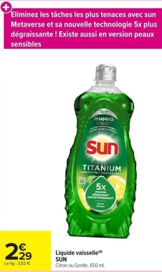 Liquide vaisselle Sun Titanium Citron ou Gentle