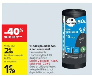 15 sacs poubelle 50L à lien coulissant Essential