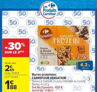 Barres proteinées CARREFOUR SENSATION Graines & Chocolat, Crunchy Chocolate ou Crunchy Berries