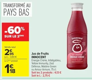 Jus de Fruits INNOCENT Energie Chérie, Infatigableu, Yellow Immunity, Zest Défense, Matière Green ou Amour Armure
