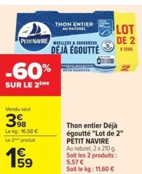 Thon entier Déjà égoutté "Lot de 2" PETIT NAVIRE