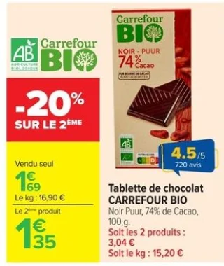Tablette de chocolat CARREFOUR BIO Noir Puur, 74% de Cacao