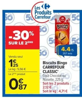 Biscuits Bingo CARREFOUR CLASSIC' Goût Chocolat ou Noisette