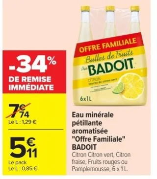 Eau minérale pétillante aromatisée "Offre Familiale" Badoit