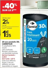 20 sacs poubelle 30L CARREFOUR Essential Lien coulissant