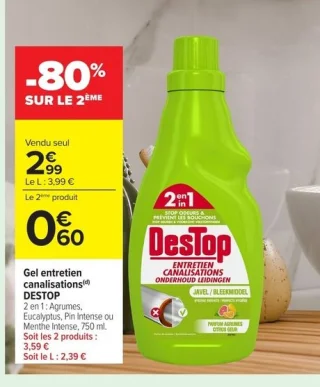 Gel entretien canalisations DESTOP 2 en 1