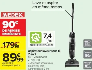Aspirateur laveur sans fil 2 en 1 Medek MD7702WNR
