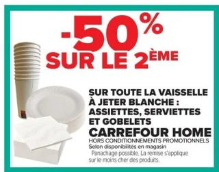 Toute la vaisselle à jeter blanche: assiettes, serviettes et gobelets Carrefour Home