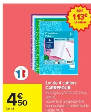 Lot de 4 cahiers CARREFOUR Couverture Polypro