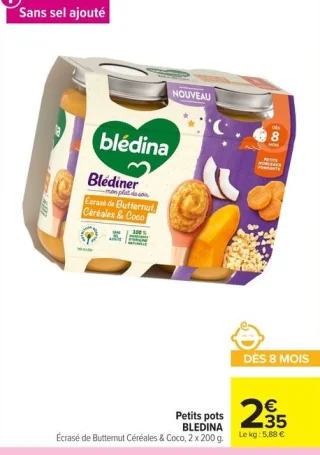 Petits pots BLEDINA Écrasé de Butternut Céréales & Coco, 2 x 200 g.