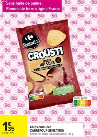 Chips ondulées CARREFOUR SENSATION Saveur hot sauce (sauce piquante), 135 g.