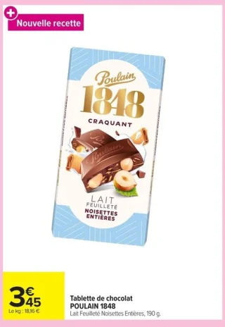 Tablette de chocolat POULAIN 1848 Lait Feuilleté Noisettes Entières