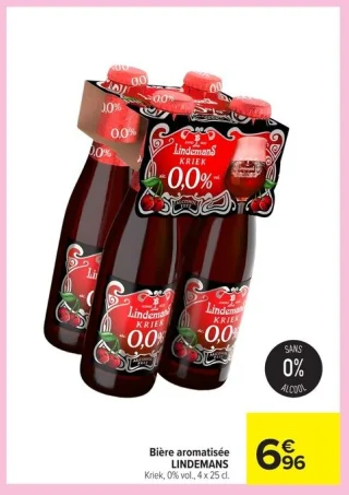 Bière aromatisée LINDEMANS Kriek, 0% vol., 4 x 25 cl.