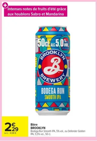 Bière BROOKLYN Bodega Run Smooth IPA, 5% vol., ou Defender Golden IPA, 5,5% vol., 50 cl.