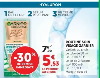 Routine Soin Visage Garnier Hyaluron (Eau Micellaire, Sérum Repulpant, BB Crème)