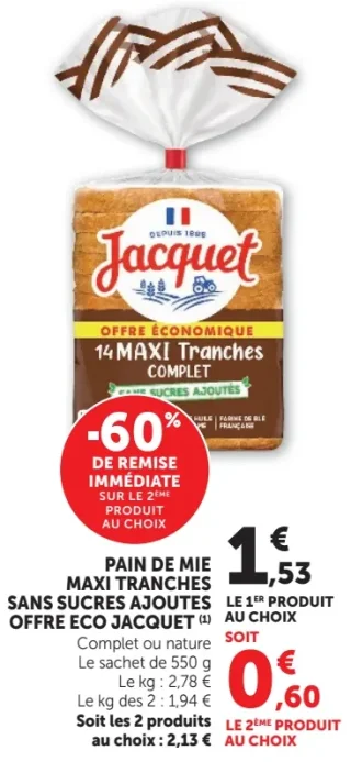 Pain de mie maxi tranches sans sucres ajoutés Jacquet
