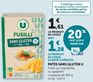 Pâtes sans gluten U Fusilli ou coquillettes ou spaghetti