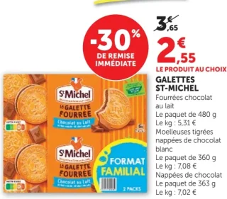 GALETTES ST-MICHEL Fourrées chocolat au lait ou Moelleuses tigrées