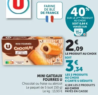 MINI GATEAUX FOURRES U Chocolat ou fraise ou abricot