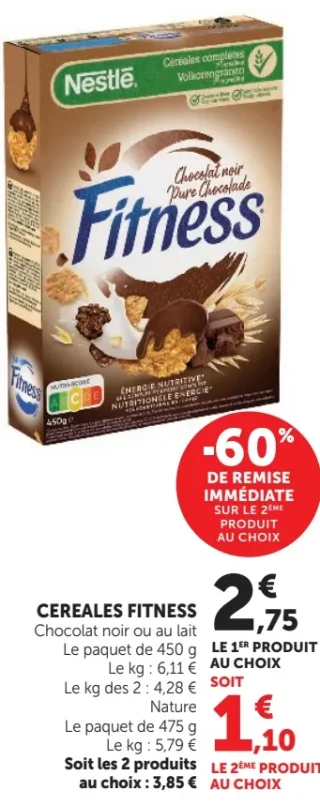 Nestlé Fitness Céréales Chocolat Noir ou au Lait, Nature