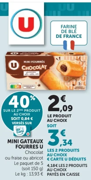 MINI GATEAUX FOURRES U Chocolat, fraise ou abricot