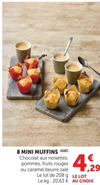 8 Mini muffins (Chocolat aux noisettes, pommes, fruits rouges ou caramel beurre salé)