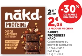 Barres Proteinees Nakd Cocoa Hazelnut ou beurre de cacahuètes