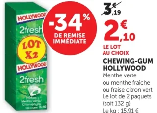 Chewing-gum Hollywood 2fresh Menthe verte, menthe fraîche ou fraise citron vert