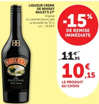 Liqueur creme de whisky Bailey's 17° Original ou caramel beurre salé