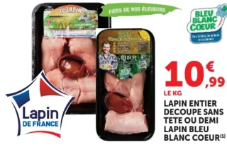 Lapin entier découpe sans tête ou demi lapin Bleu Blanc Coeur