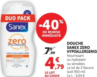DOUCHE SANEX ZERO HYPOALLERGENIQUE Nourrissant ou hydratant ou sensibles (Duo Pack)